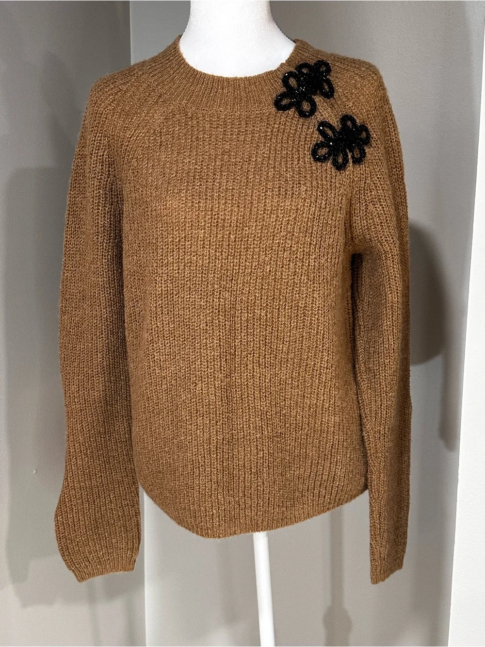 J. Crew Camel Brown Crewneck Sweater with Black Appliqué